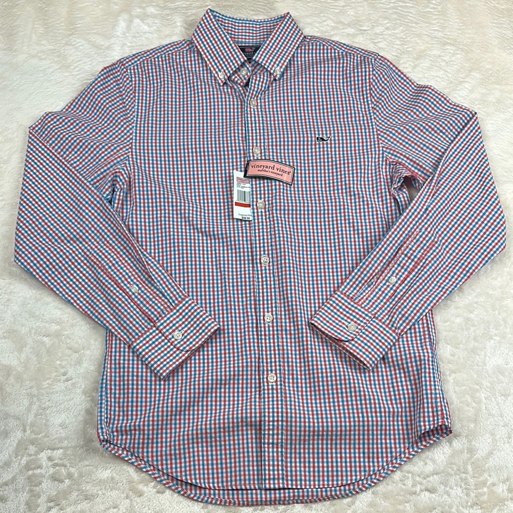 NWT Vineyard Vines Slim Fit Whale Shirt XS Red Blue Check Plaid Button Down